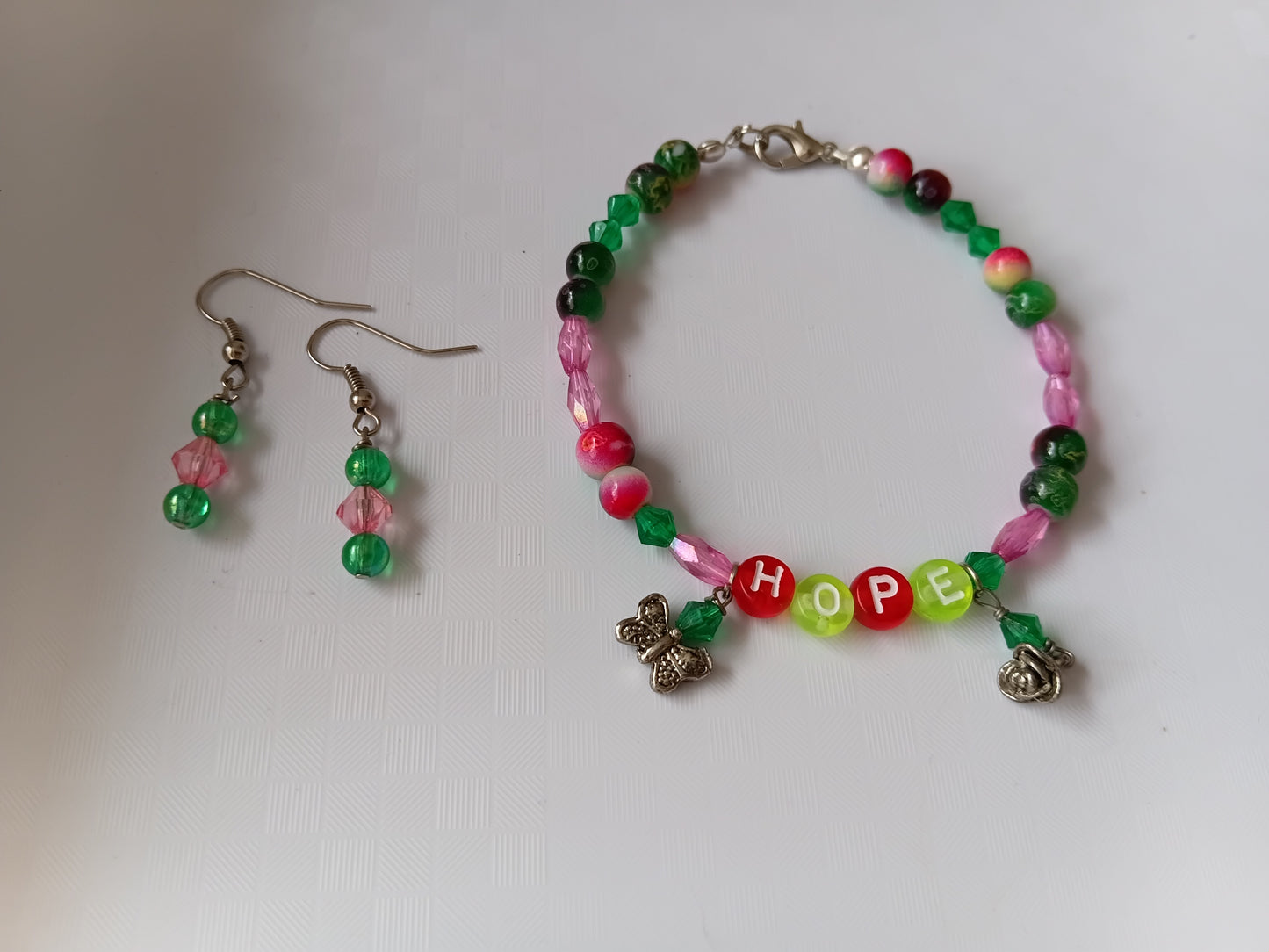 Pink and Green HOPE bracelet and earring set