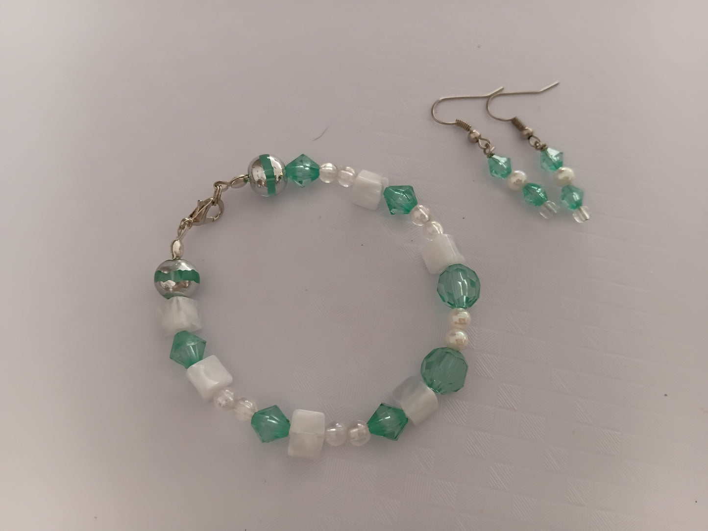 Teal and white bracelet and earring set