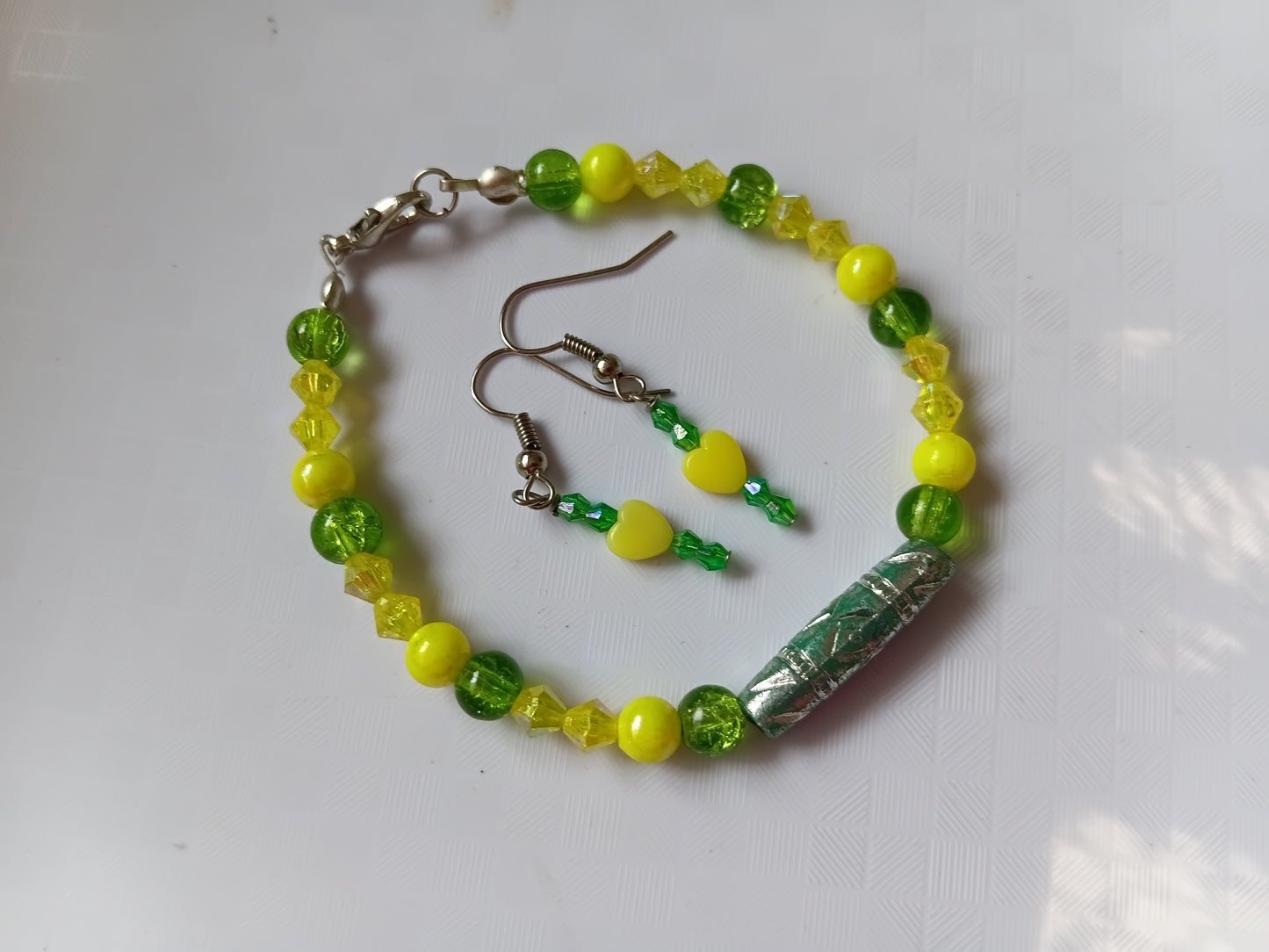 Green and yellow bracelet and earring set