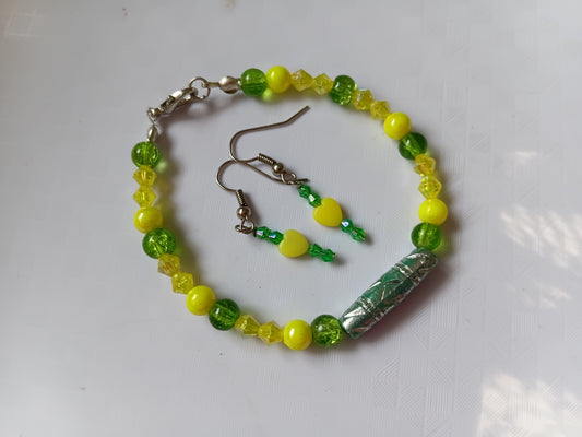 Green and yellow bracelet and earring set