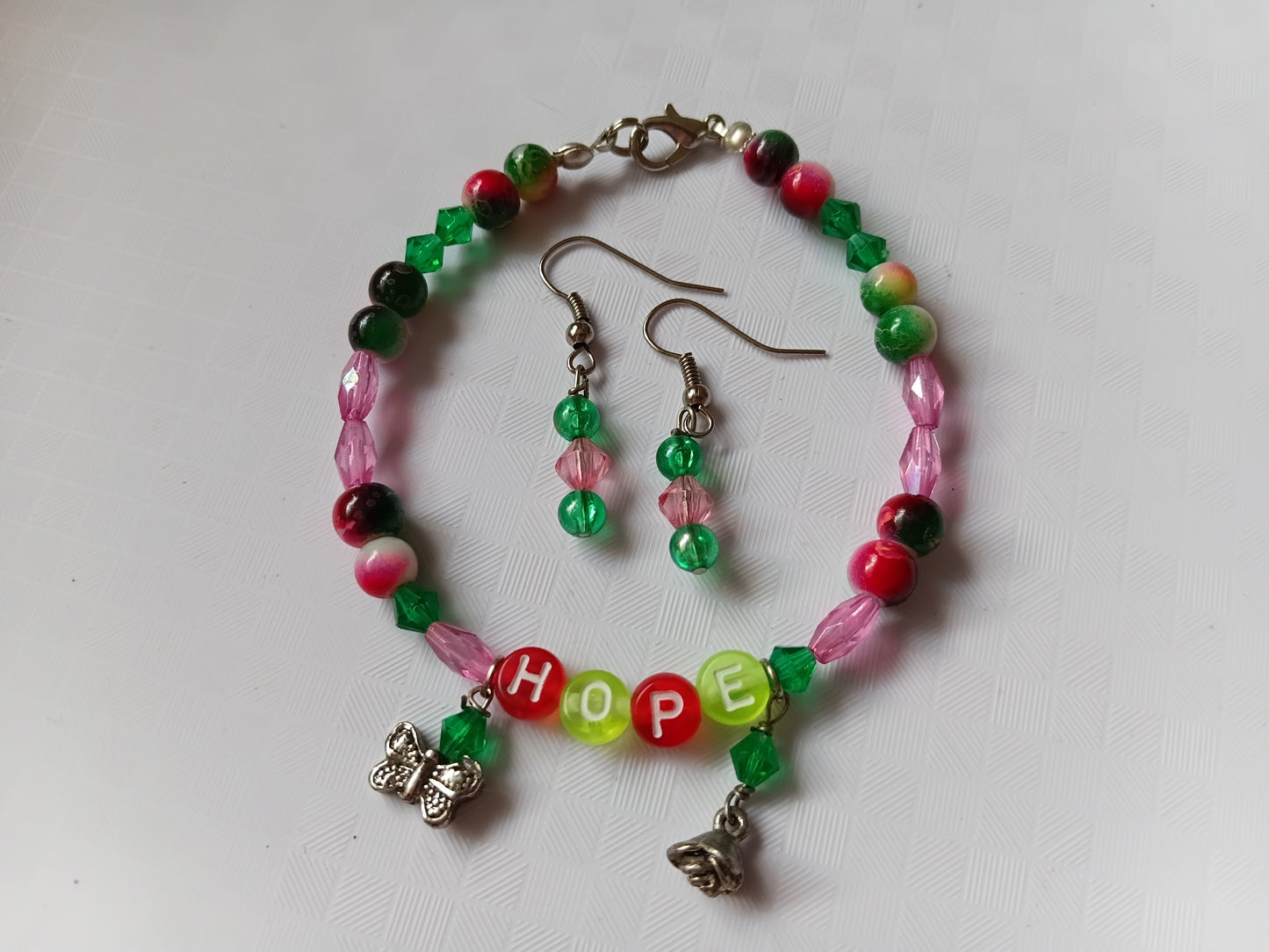 Pink and Green HOPE bracelet and earring set