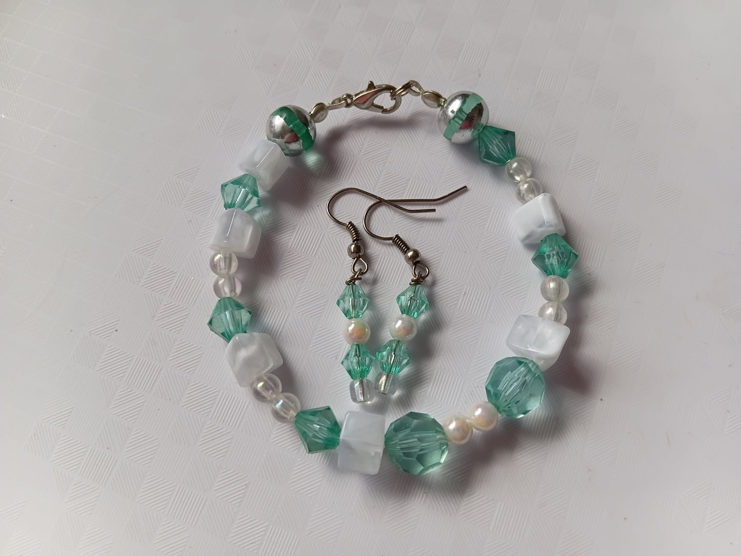 Teal and white bracelet and earring set