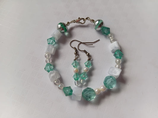 Teal and white bracelet and earring set