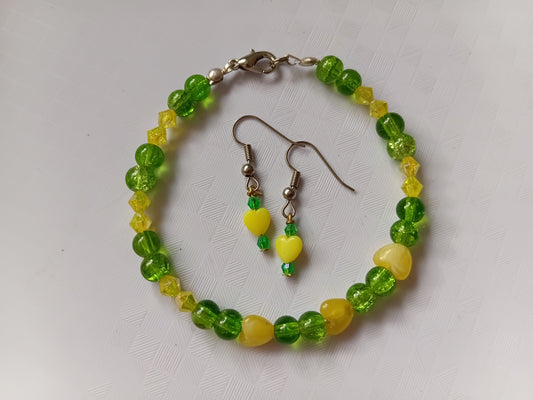 Yellow and green bracelet and earring set