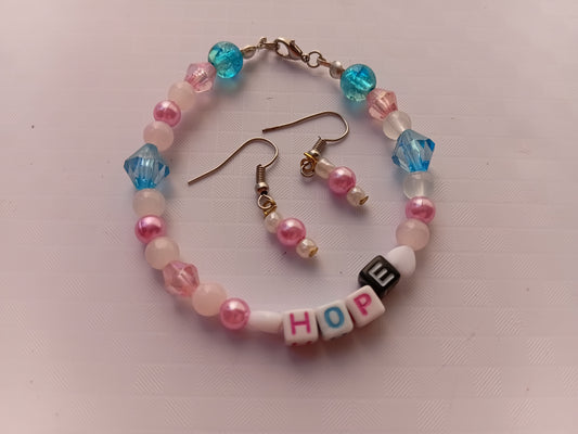 Pink, blue and white HOPE bracelet and earring set