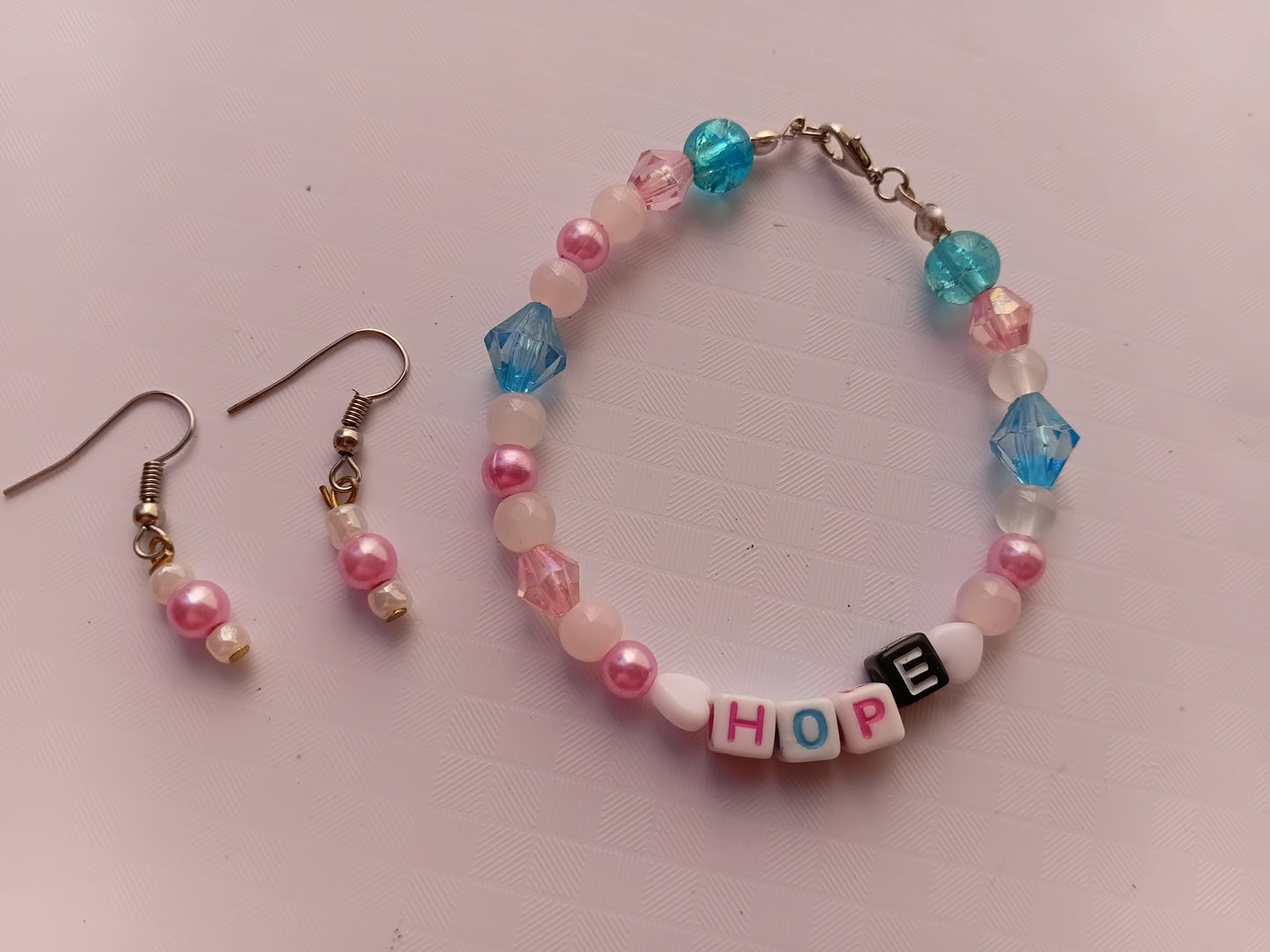 Pink, blue and white HOPE bracelet and earring set
