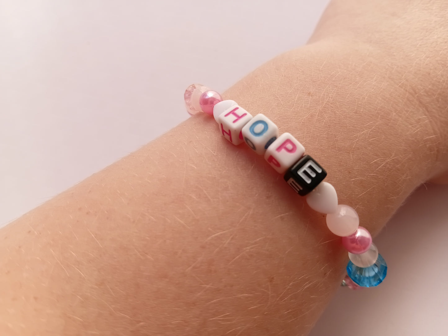 Pink, blue and white HOPE bracelet and earring set