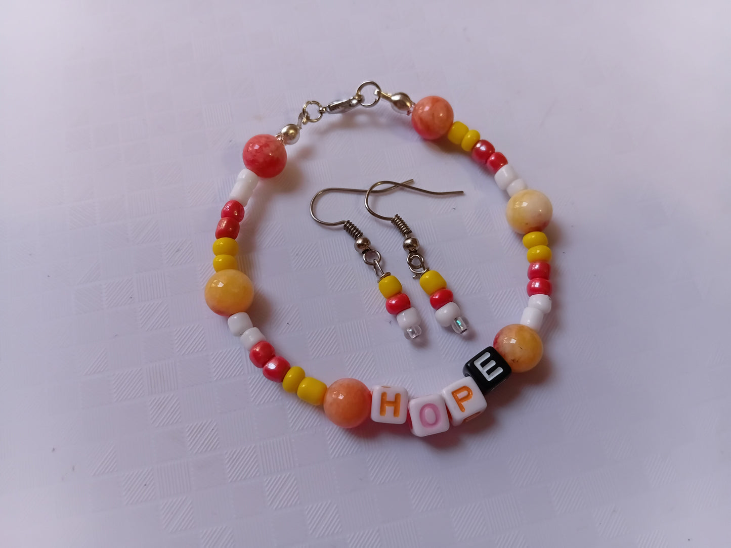 Peach, yellow and white HOPE bracelet and earring set