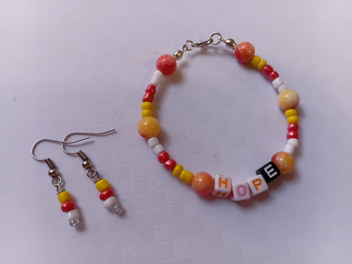 Peach, yellow and white HOPE bracelet and earring set